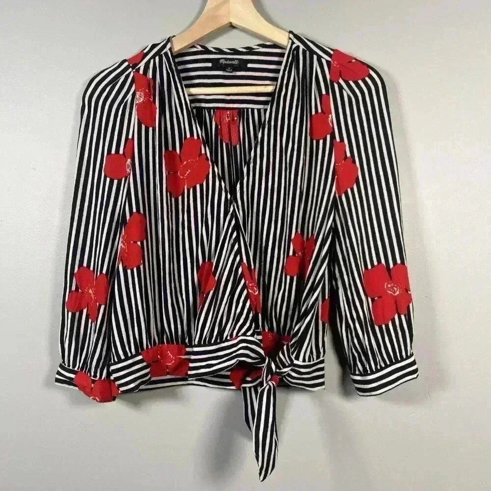 Madewell Striped Wrap Top in Candied Orchids Size Small Black White Striped Crop